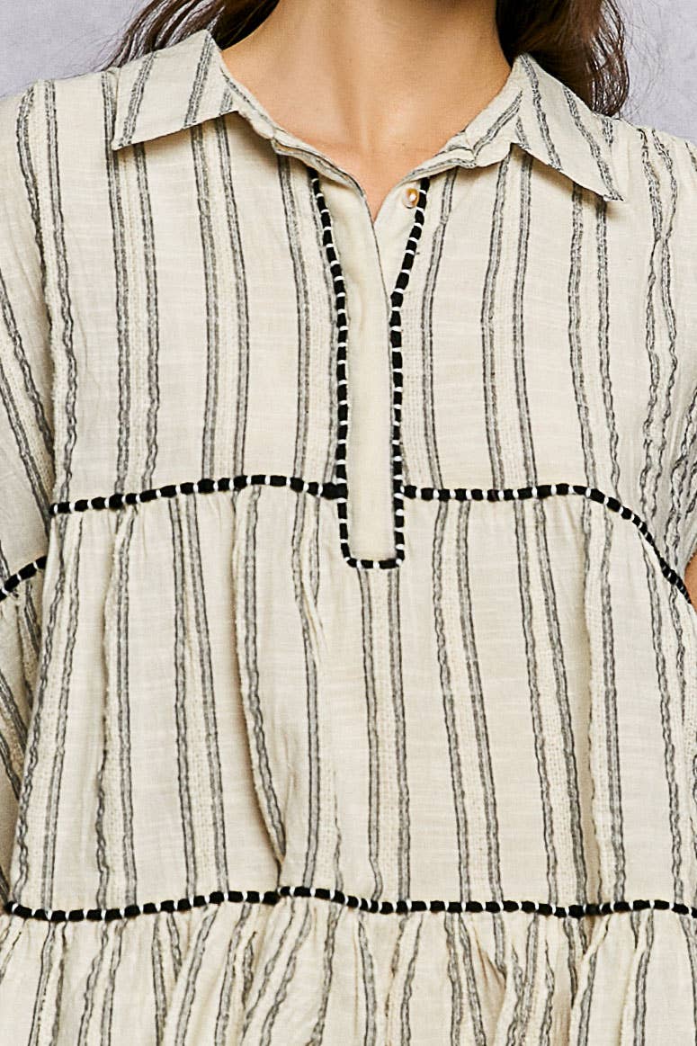 Collared Neck Stripe Soft Ruffle Stitch Sleeveless Shirt Top