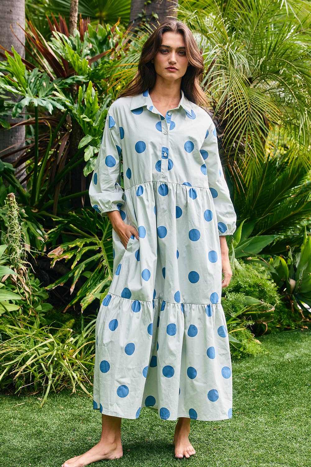 Polka Dot Print Tiered Midi Shirt Dress