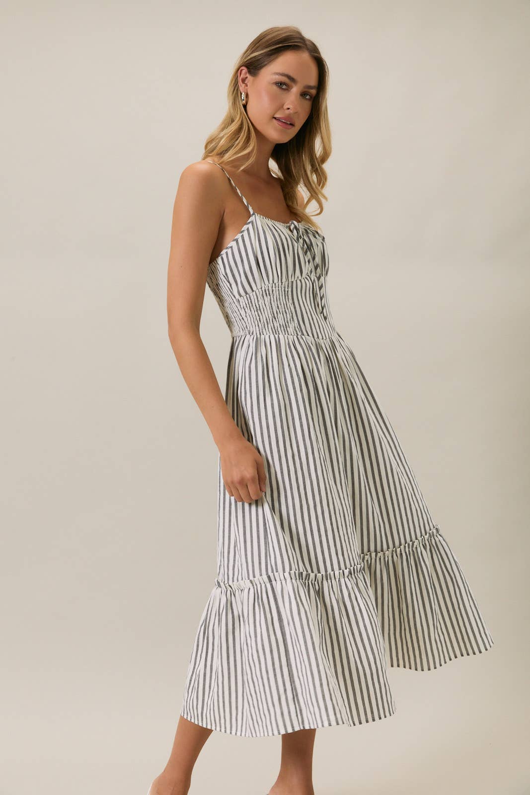 SLEEVELESS SMOCKED MIDI DRESS WITH KEYHOLE & BOTTOM RUFFLE