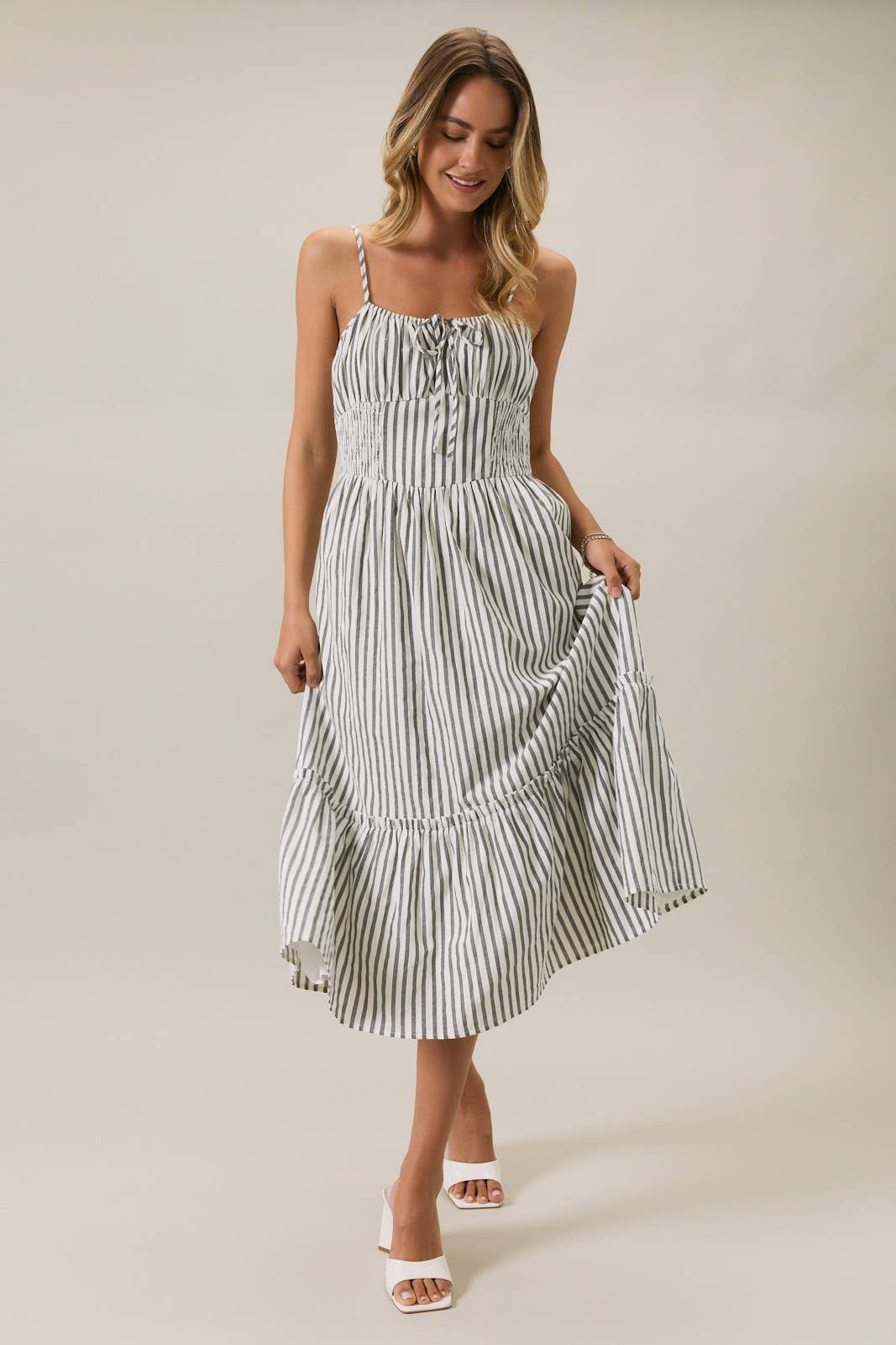 SLEEVELESS SMOCKED MIDI DRESS WITH KEYHOLE & BOTTOM RUFFLE