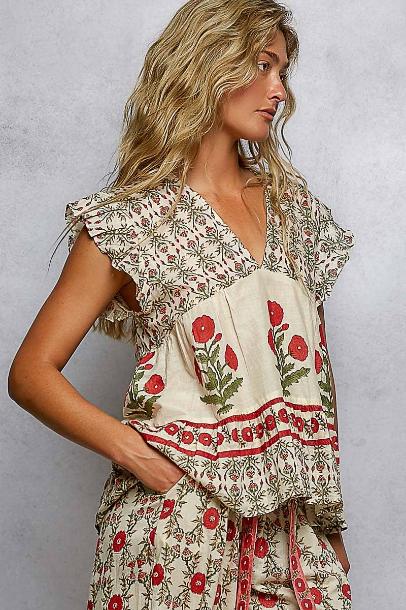 V-Neck Floral Pattern Ruffle Sleeve Top- TOP ONLY