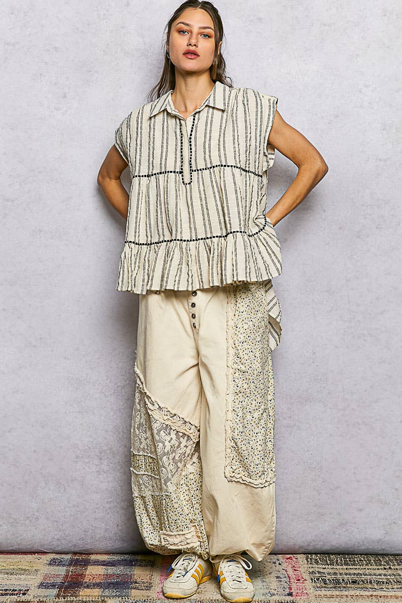 Collared Neck Stripe Soft Ruffle Stitch Sleeveless Shirt Top