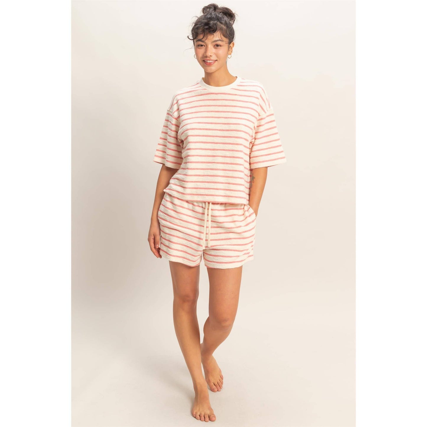 Striped Short Sleeve Terry Crew Neck Top