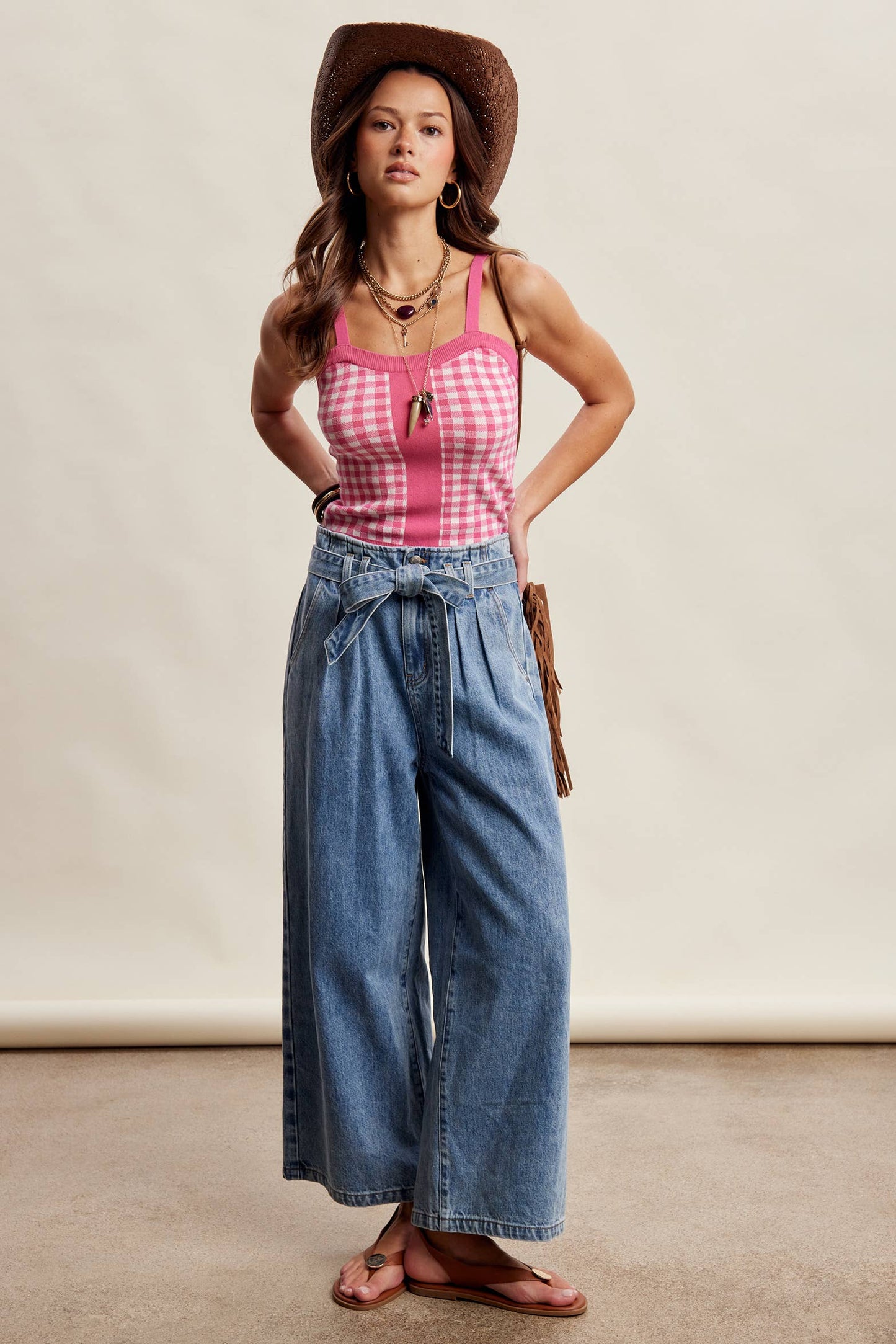 Paperbag Waist Wide Leg Denim Pants