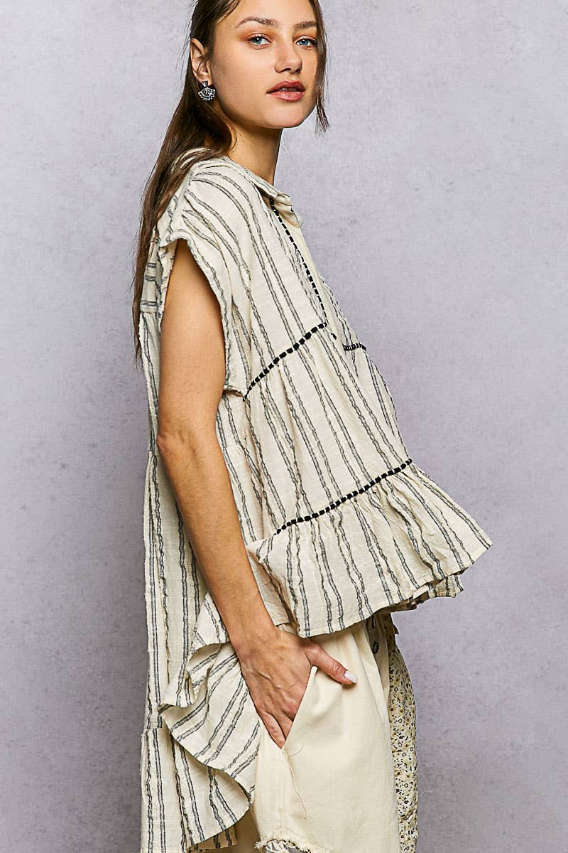 Collared Neck Stripe Soft Ruffle Stitch Sleeveless Shirt Top
