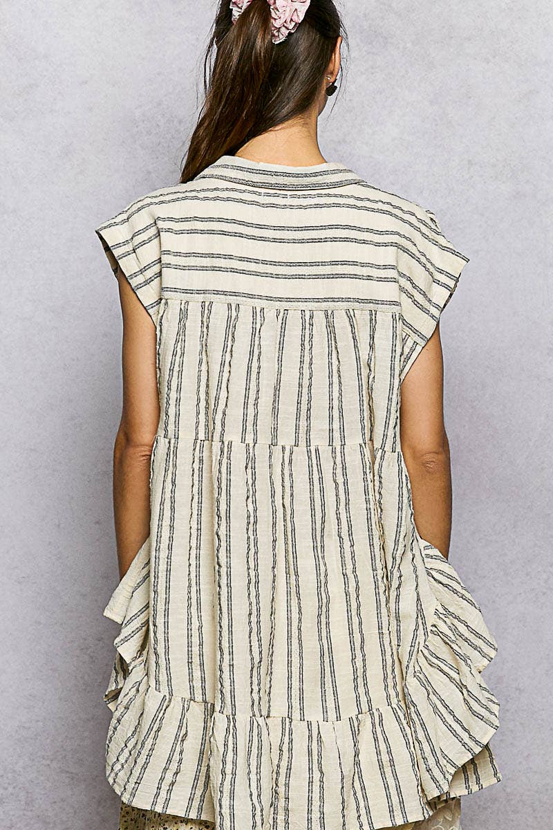 Collared Neck Stripe Soft Ruffle Stitch Sleeveless Shirt Top