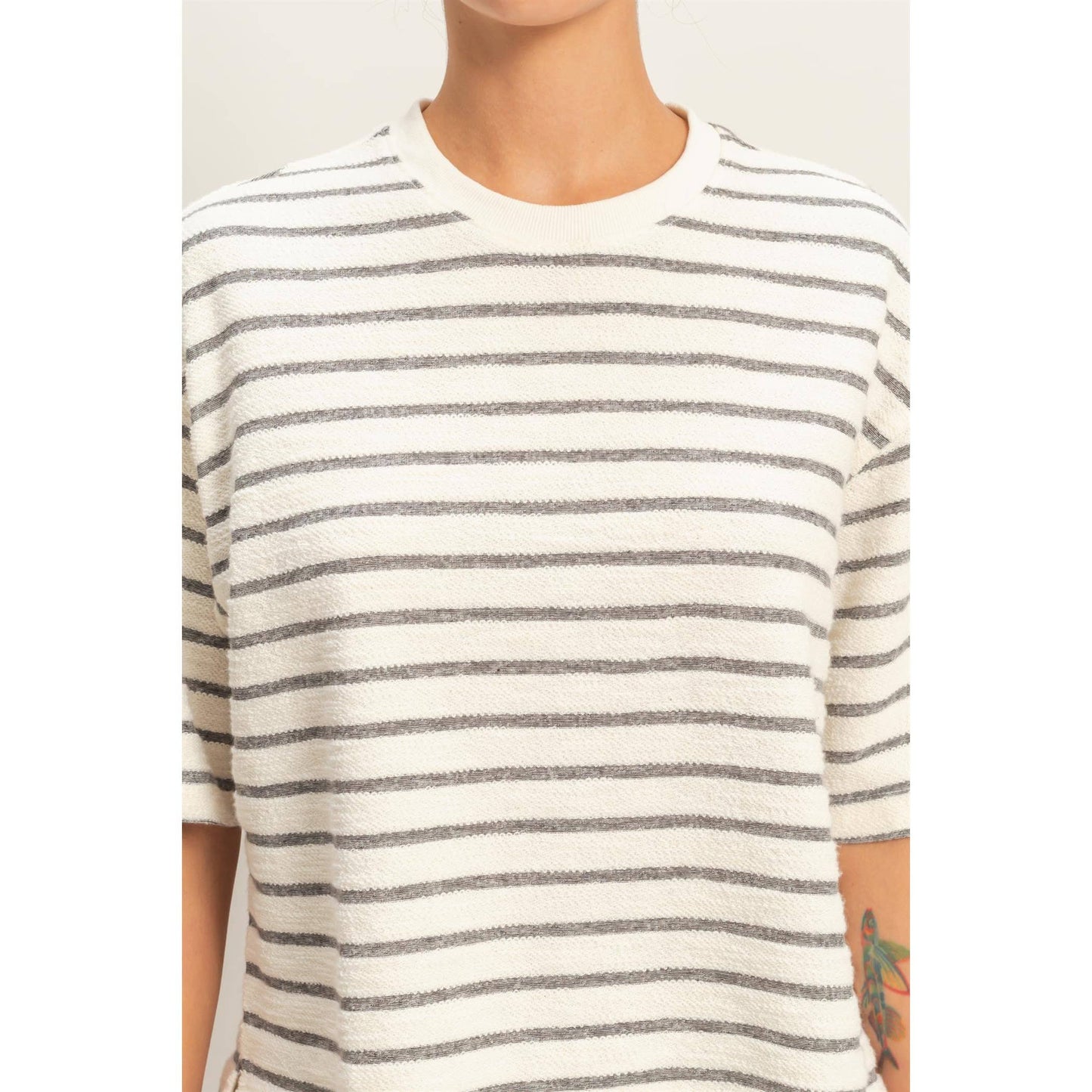 Striped Short Sleeve Terry Crew Neck Top