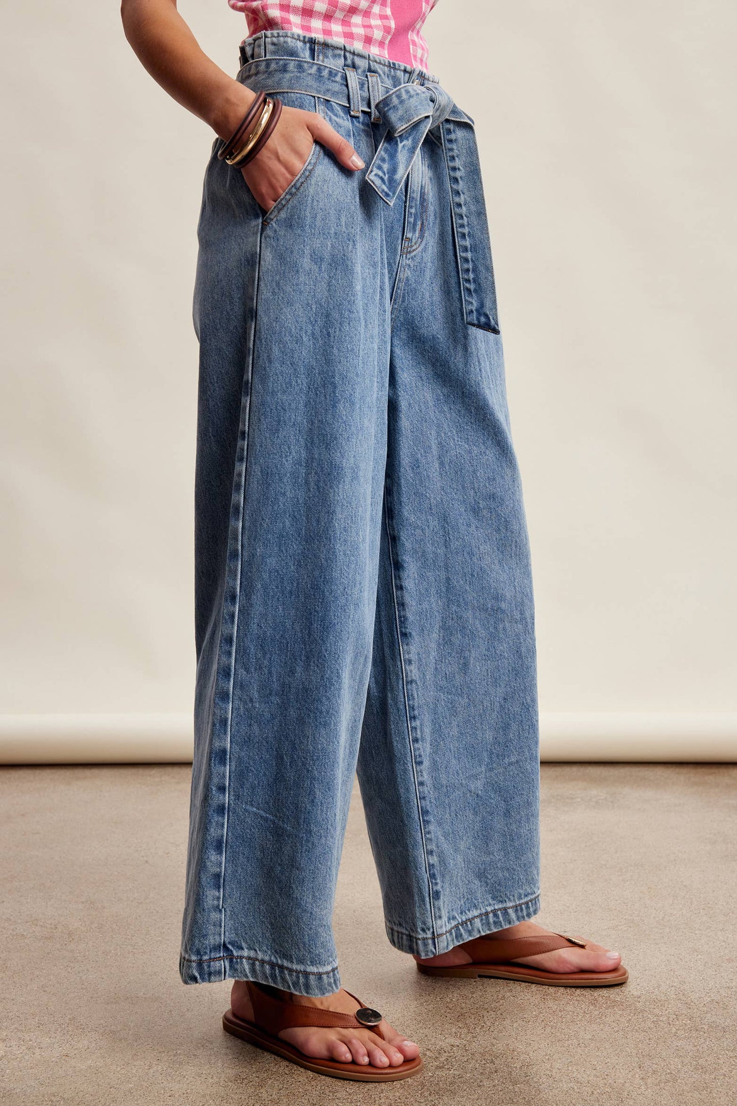 Paperbag Waist Wide Leg Denim Pants