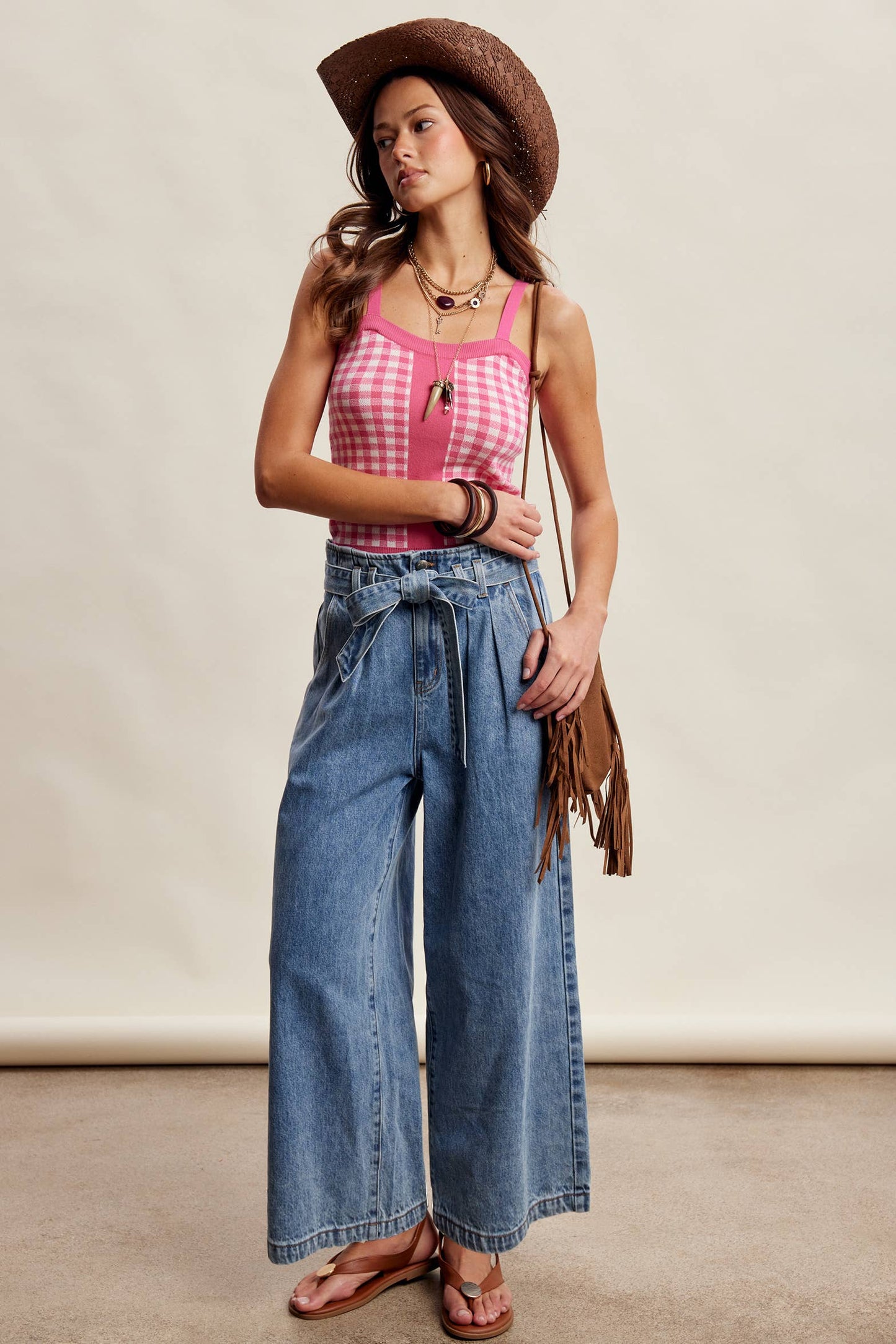 Paperbag Waist Wide Leg Denim Pants