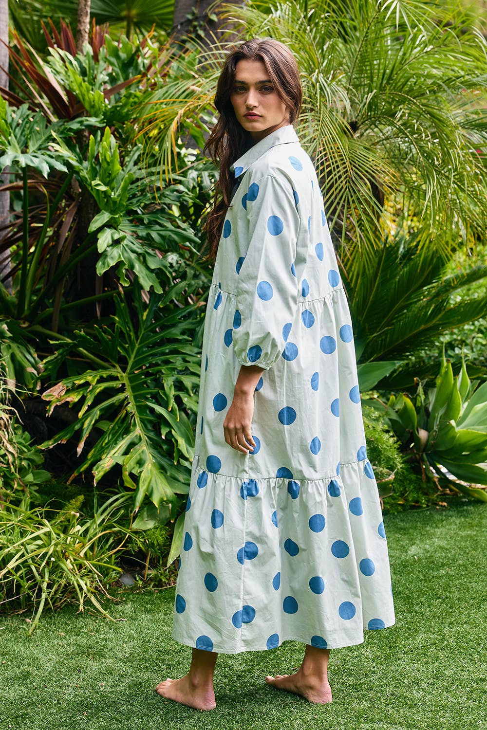 Polka Dot Print Tiered Midi Shirt Dress