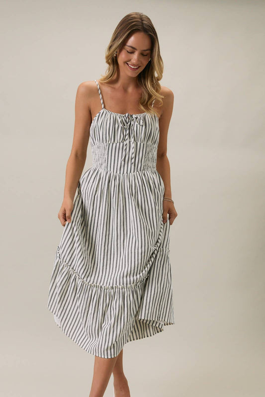 SLEEVELESS SMOCKED MIDI DRESS WITH KEYHOLE & BOTTOM RUFFLE