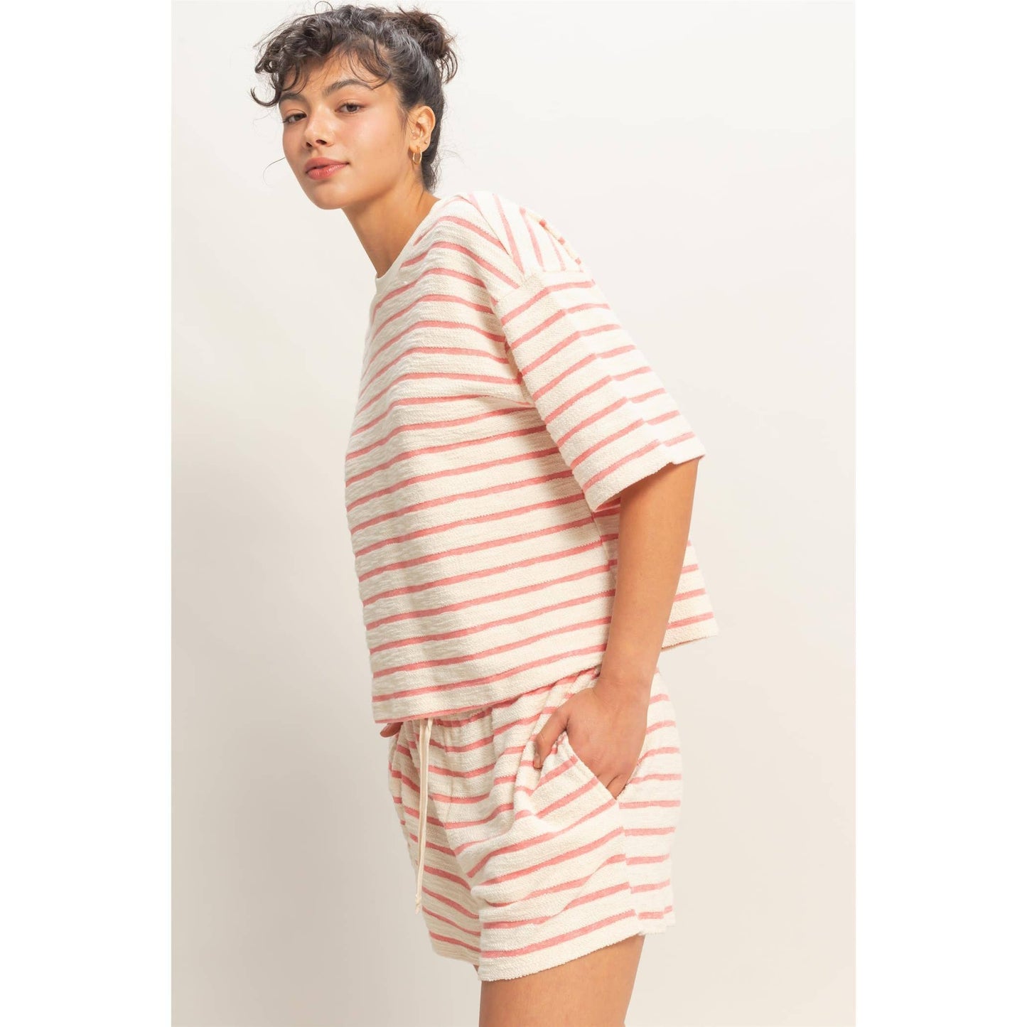 Striped Short Sleeve Terry Crew Neck Top