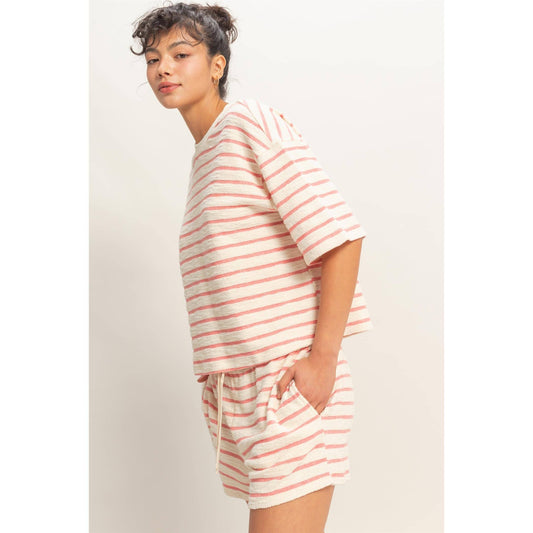 Striped Short Sleeve Terry Crew Neck Top