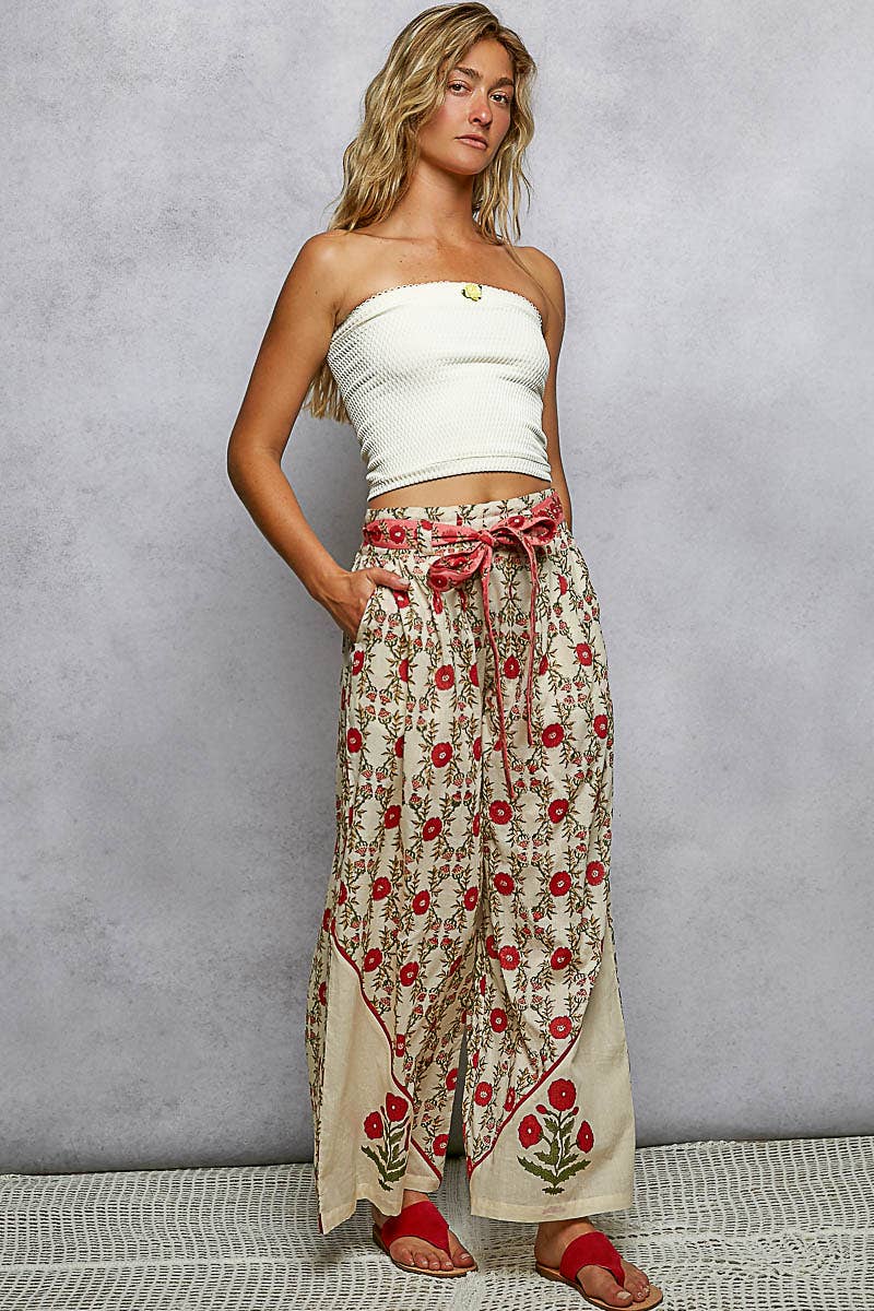 Waist Belt Floral Pattern Straight Fit Pants- PANTS ONLY