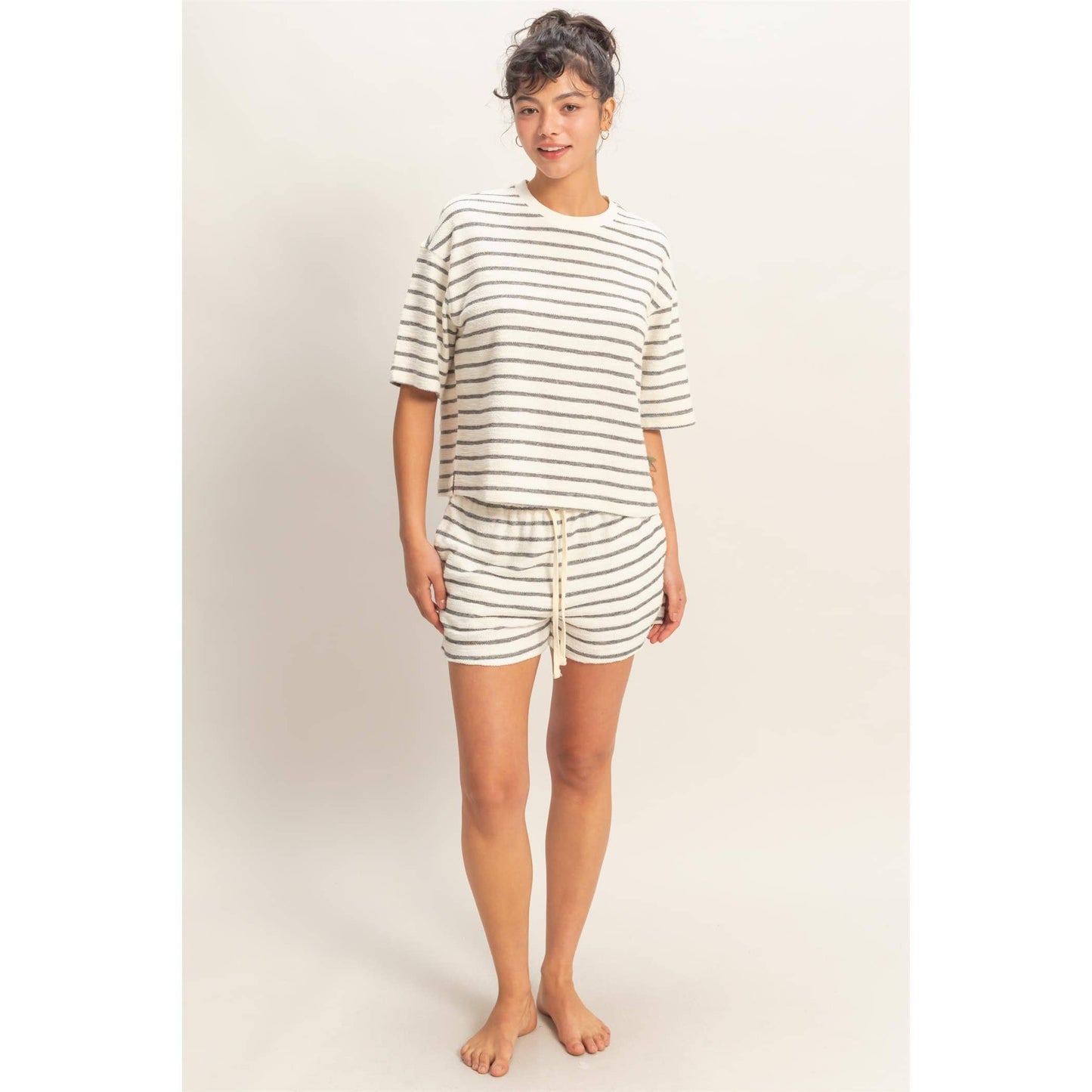 Striped Short Sleeve Terry Crew Neck Top