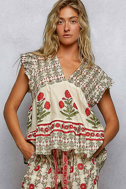 V-Neck Floral Pattern Ruffle Sleeve Top- TOP ONLY