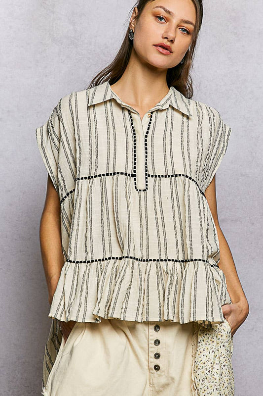 Collared Neck Stripe Soft Ruffle Stitch Sleeveless Shirt Top