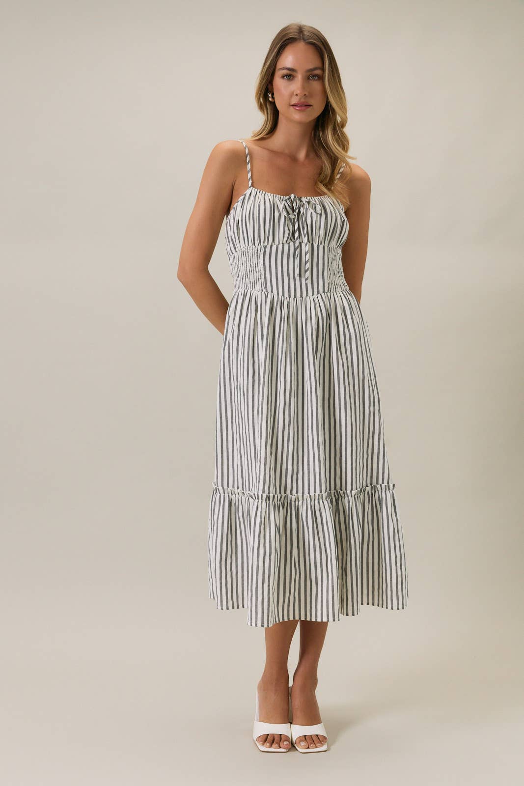 SLEEVELESS SMOCKED MIDI DRESS WITH KEYHOLE & BOTTOM RUFFLE