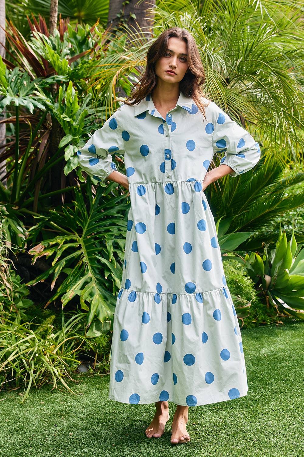 Polka Dot Print Tiered Midi Shirt Dress