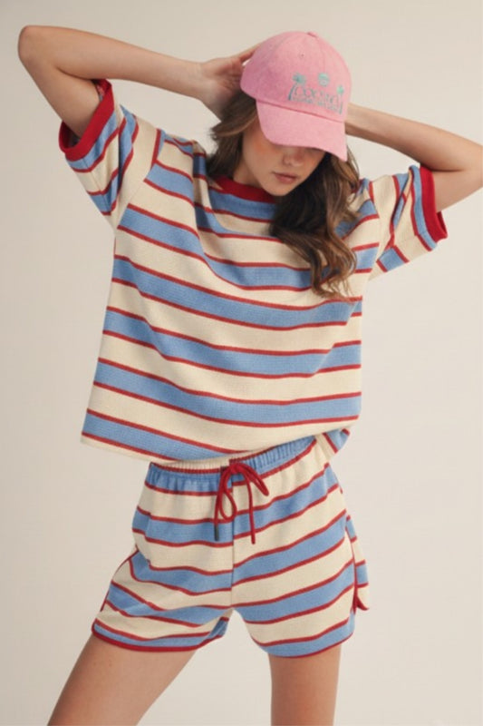 Riviera Breeze Waffle Knit Stripe Set- Sapphire Blue/ Red