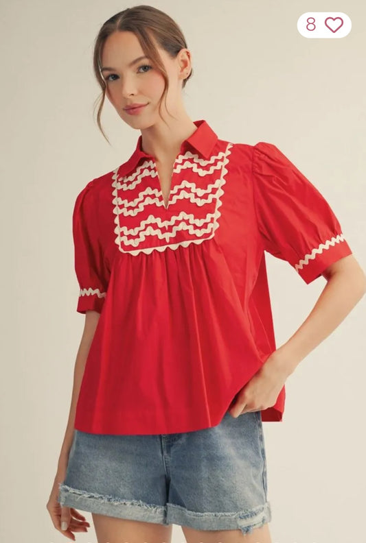 Ric-Rac Trim Top- Tomato Red