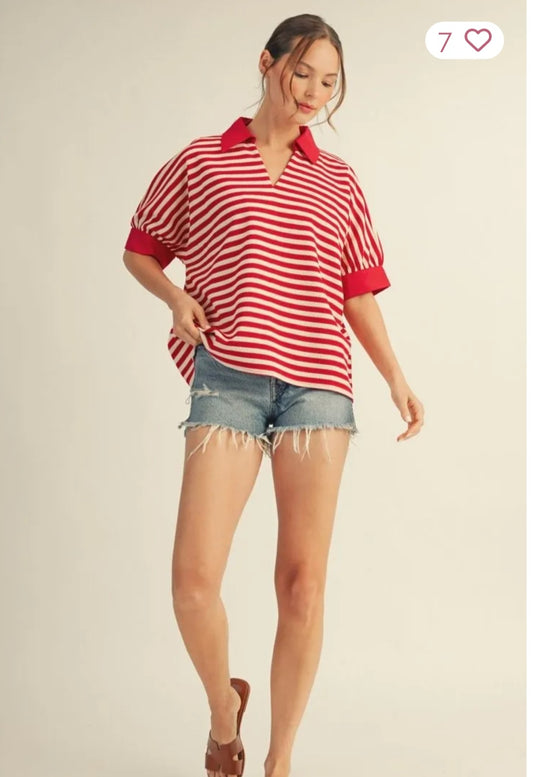Color Contrast Accent Thermo Red and White Stripe Top