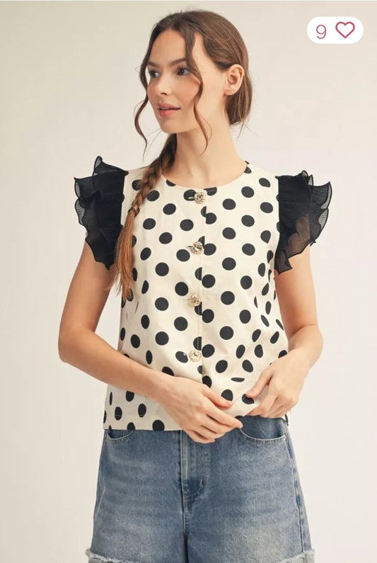 Layered Cap Sleeve Button Down Polkadot Top