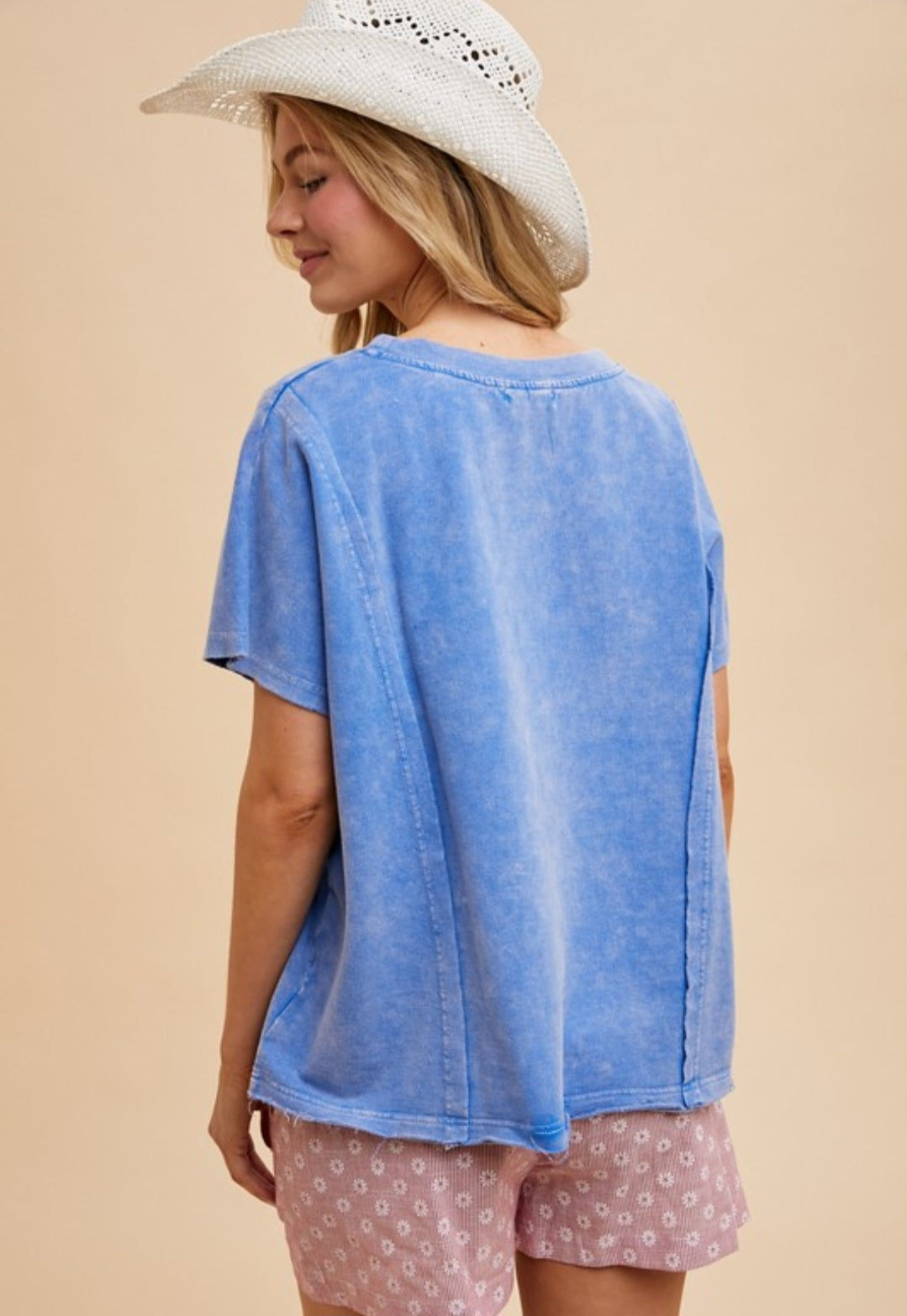 4th of July Mineral Wash Striped Star Lace Patch Knit Top Blue