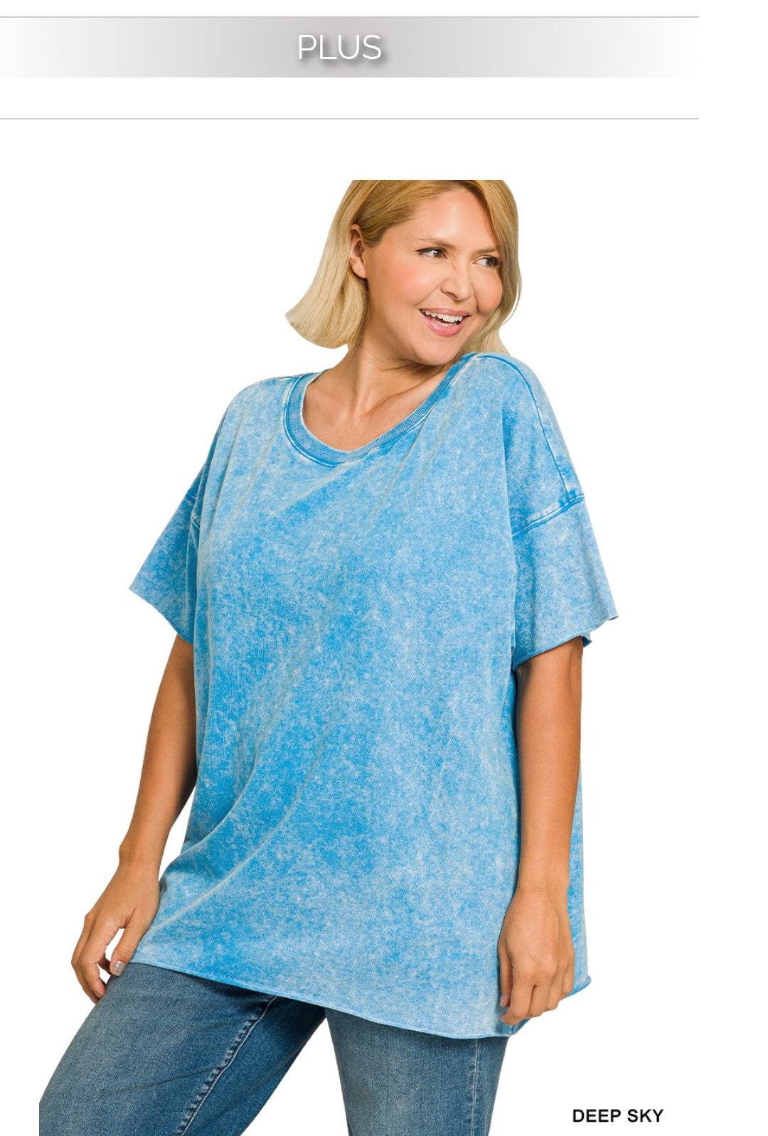 Plus acid wash french terry drop shoulder top- Zenana