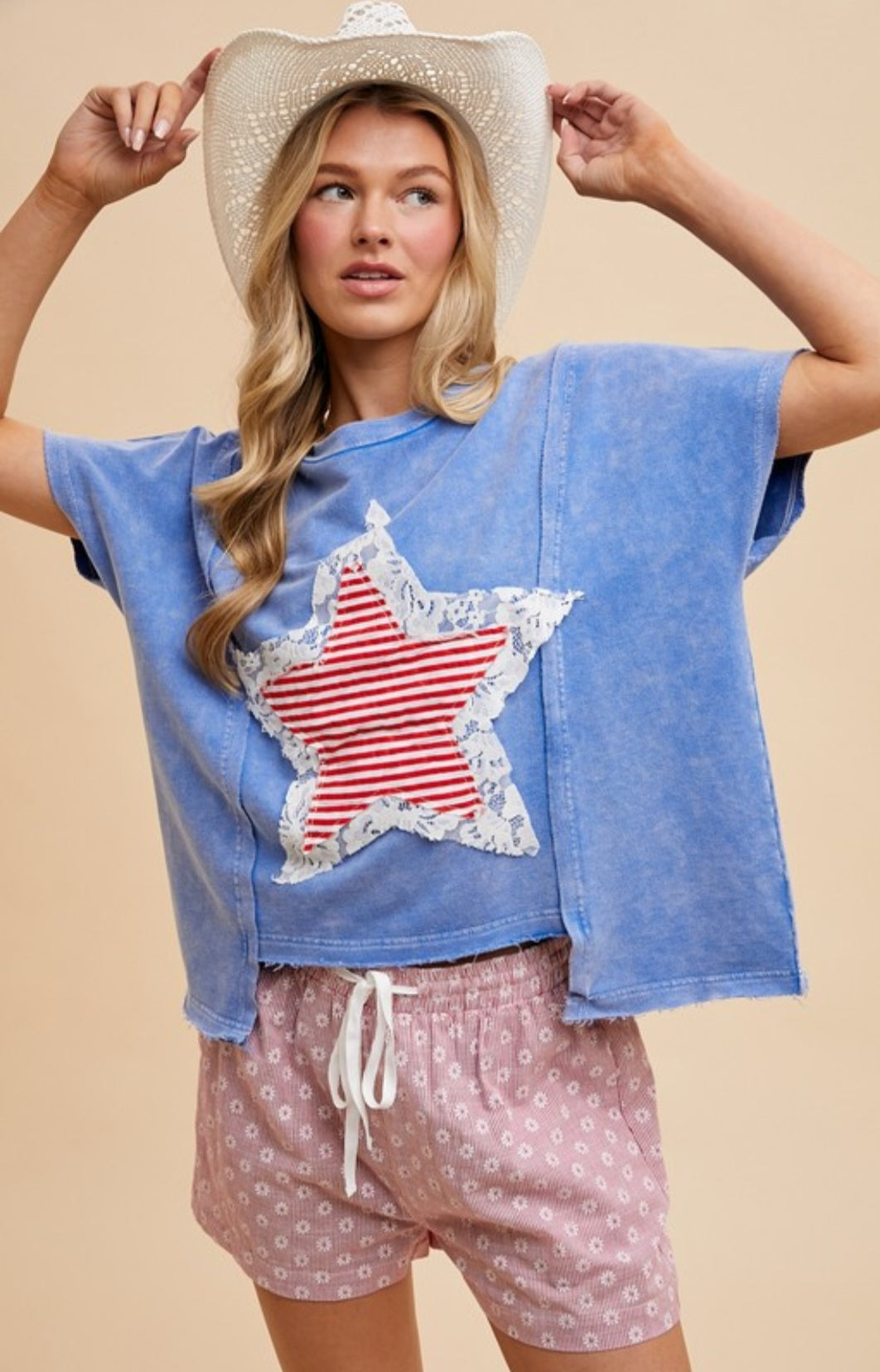 4th of July Mineral Wash Striped Star Lace Patch Knit Top Blue