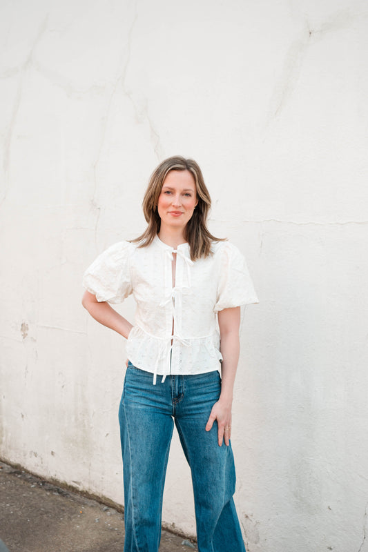 Eyelet Tie Front Peplum Top