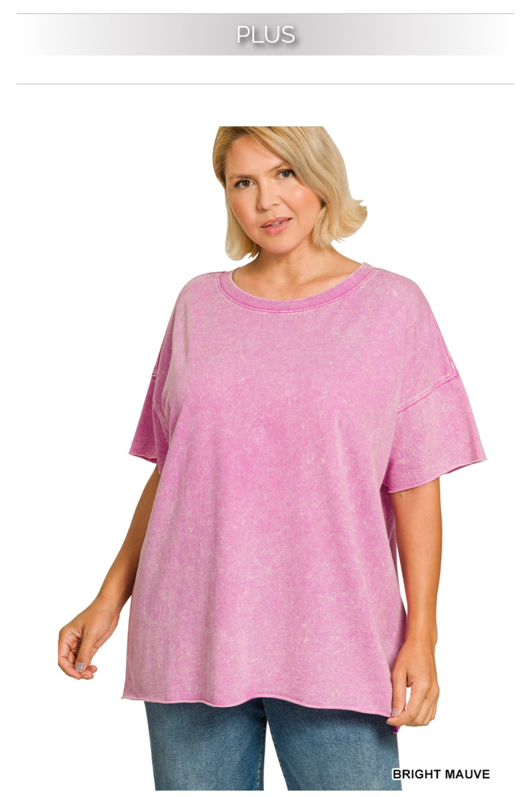 Plus acid wash french terry drop shoulder top- Zenana