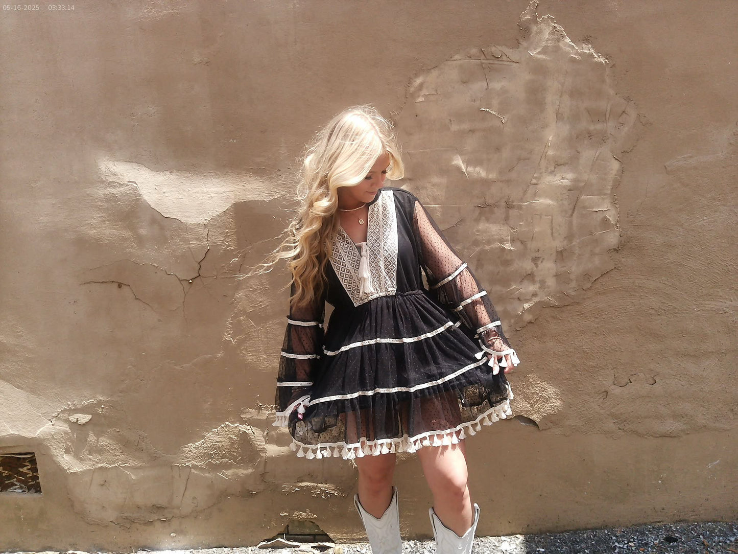 Split Embroidery Tassel Detail V-Neck Flared Short Dress