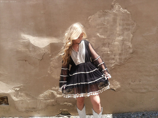 Split Embroidery Tassel Detail V-Neck Flared Short Dress