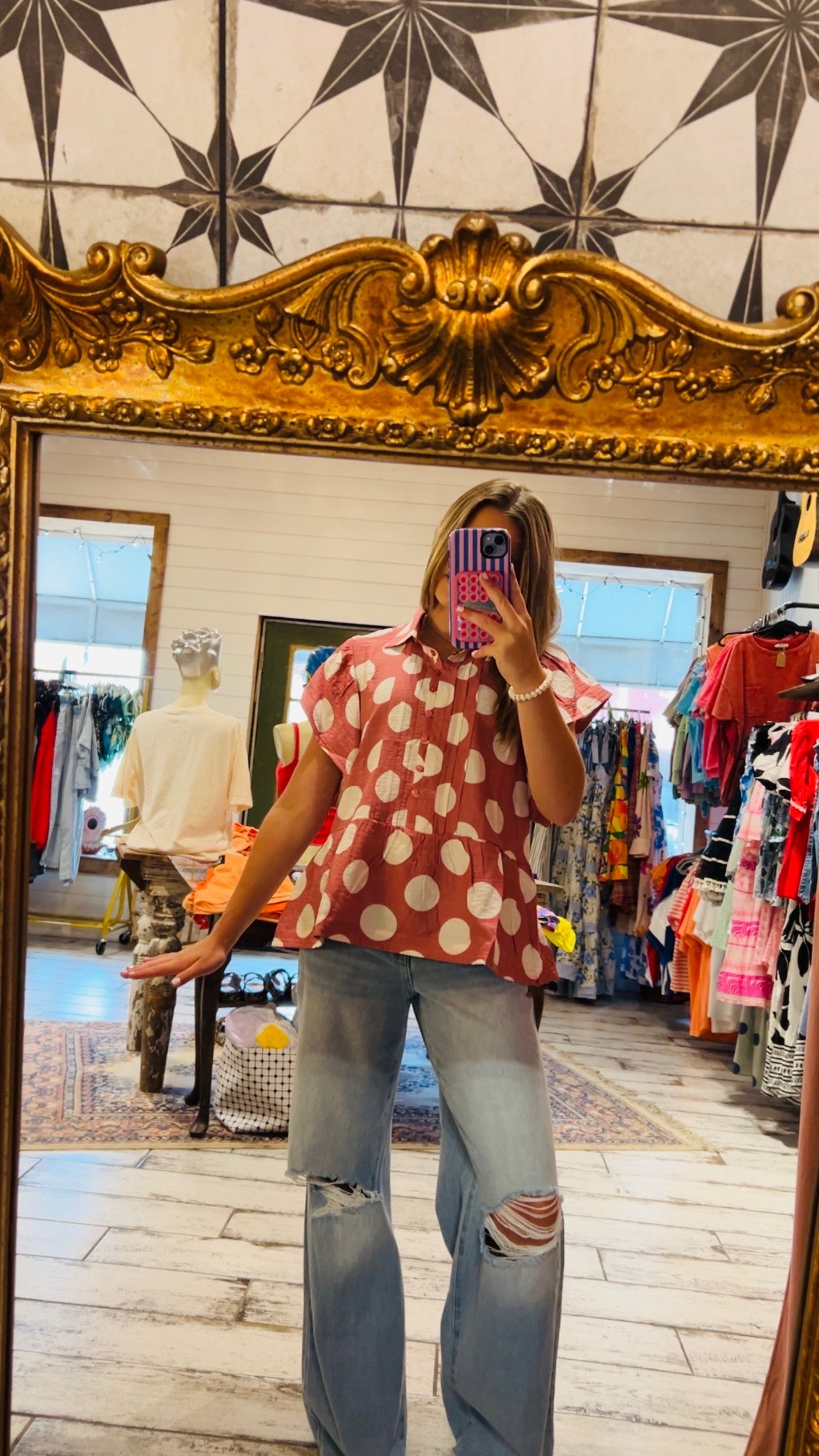 Polkadot Ruffle Button Up