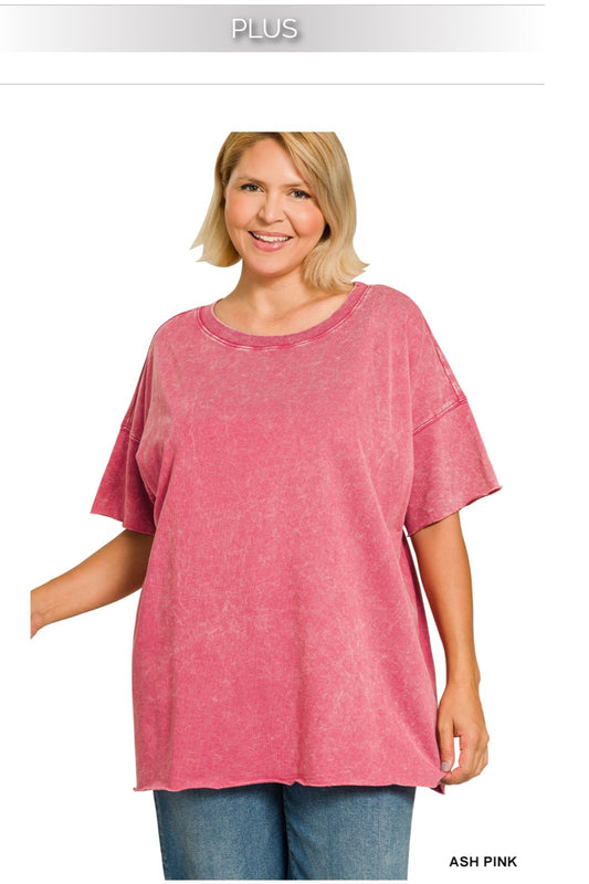 Plus acid wash french terry drop shoulder top- Zenana