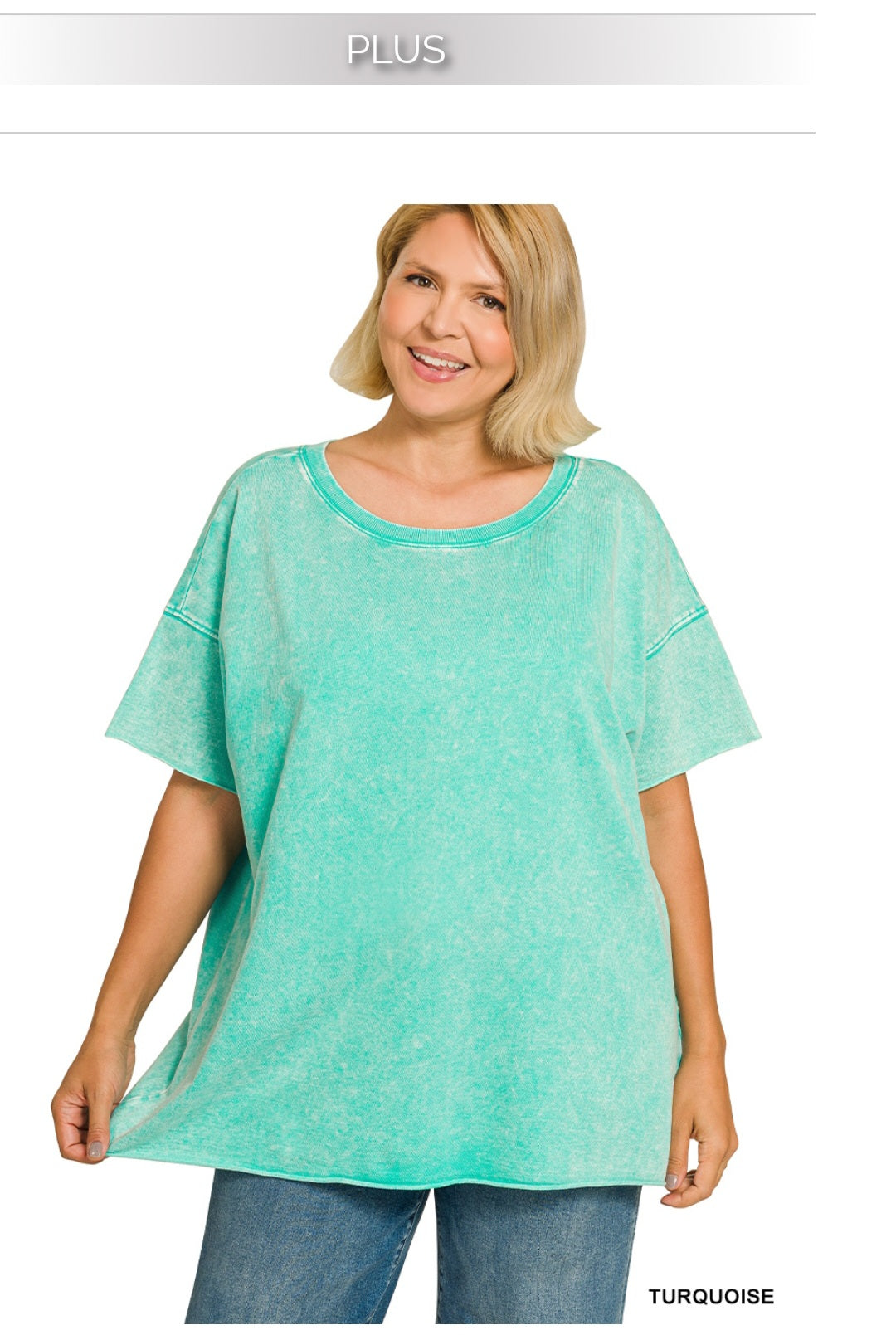 Plus acid wash french terry drop shoulder top- Zenana